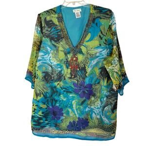 NWT Ulla Popken Beaded Top Womens 20/22 Blue Flowy Lined Floral Cruise Vacation